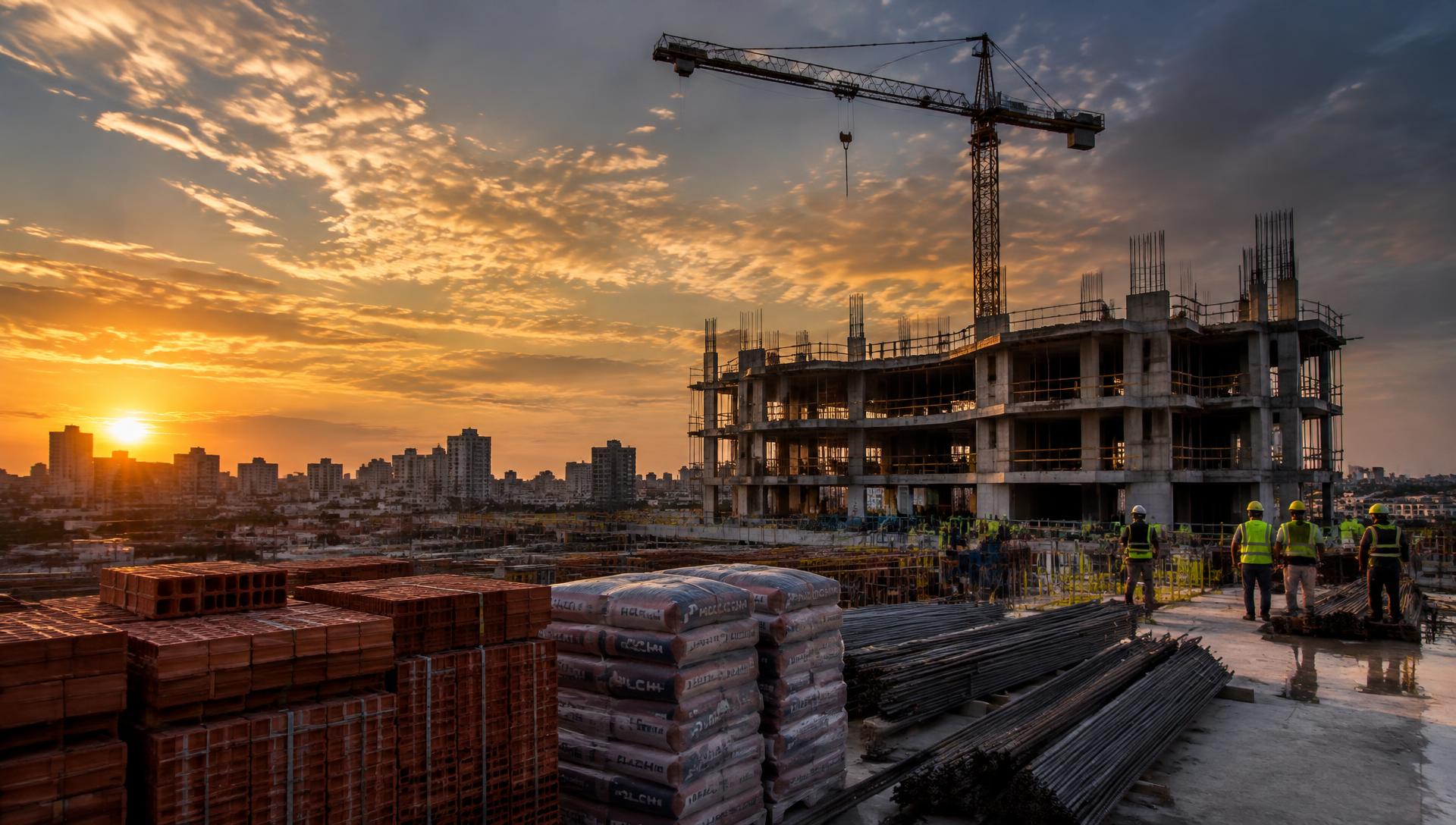 Obra en construcción con materiales